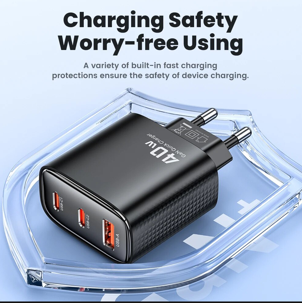 Toocki 40W GaN Quick Charger - 2 x USB-C + 1 x USB-A | Fast and Reliable Charging